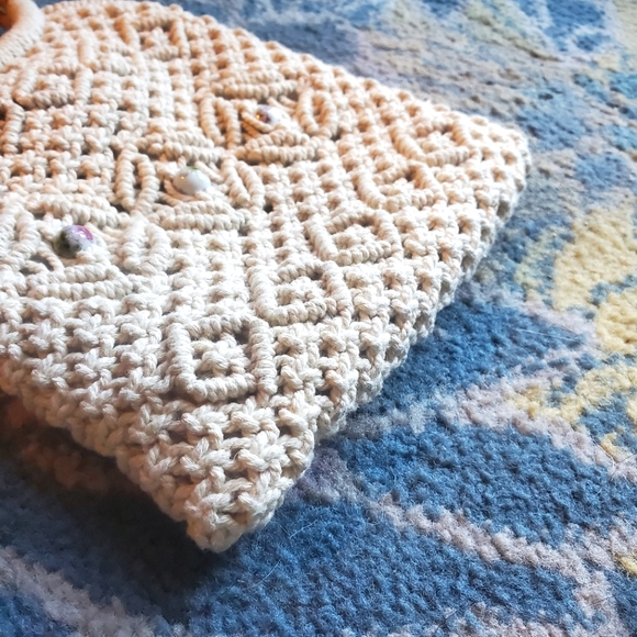 Beaded bamboo handle purse in crochet style, 100% cotton - Picture 4 of 6